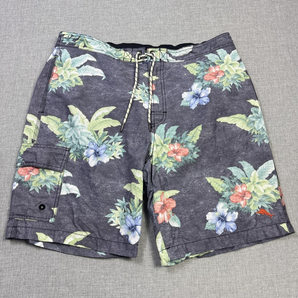 Tommy‎ Bahama Swim Trunks Shorts Mens L Gray Floral Lined Drawstring Pockets